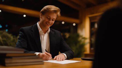 Client signing a purchase agreement for a horse at a stable office