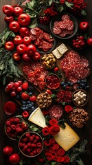 Colorful charcuterie board spread with fruits, meats, cheeses, nuts, and berries
