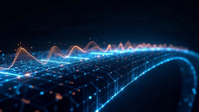 Glowing pulses flowing across data bridge – ideal for tech integration, business intelligence and analytics software platforms