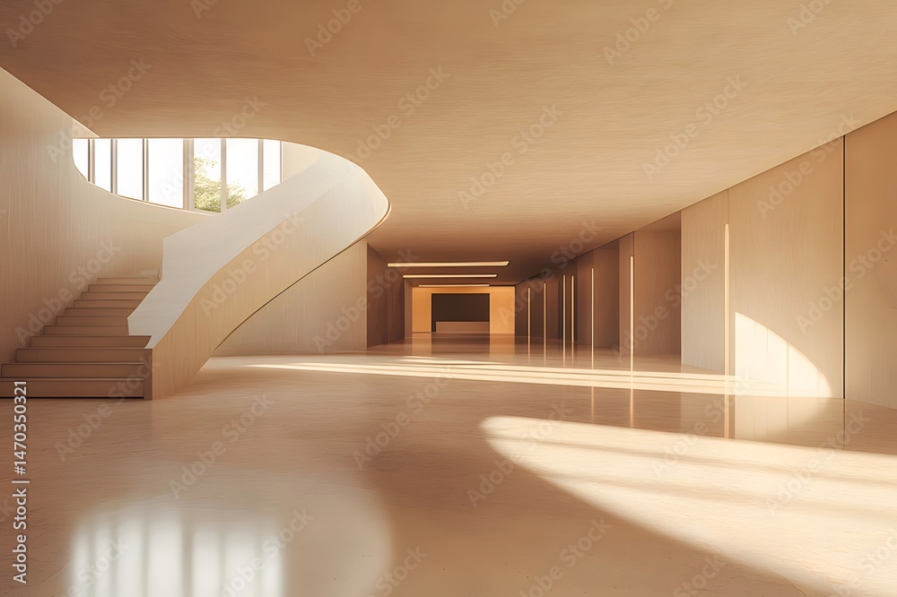 Poster ミニマリスト建築におけるベージュのインテリア 階段、光の遊びと幾何学的な構造を備えた現代的な空間デザイン