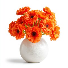 Bunch of orange gerbera flowers in a round vase still life photo isolated on white background