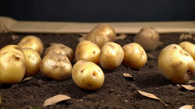 Fresh potatoes fall onto rich soil in slow motion &mdash; a natural and earthy scene representing harvest, agriculture, and farm-fresh produce.