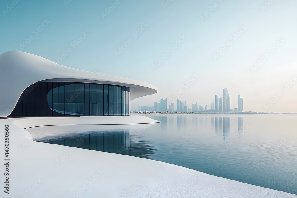 Aufkleber 白い現代建築の建物と海の反射 穏やかな空の背景を持つ都市景観