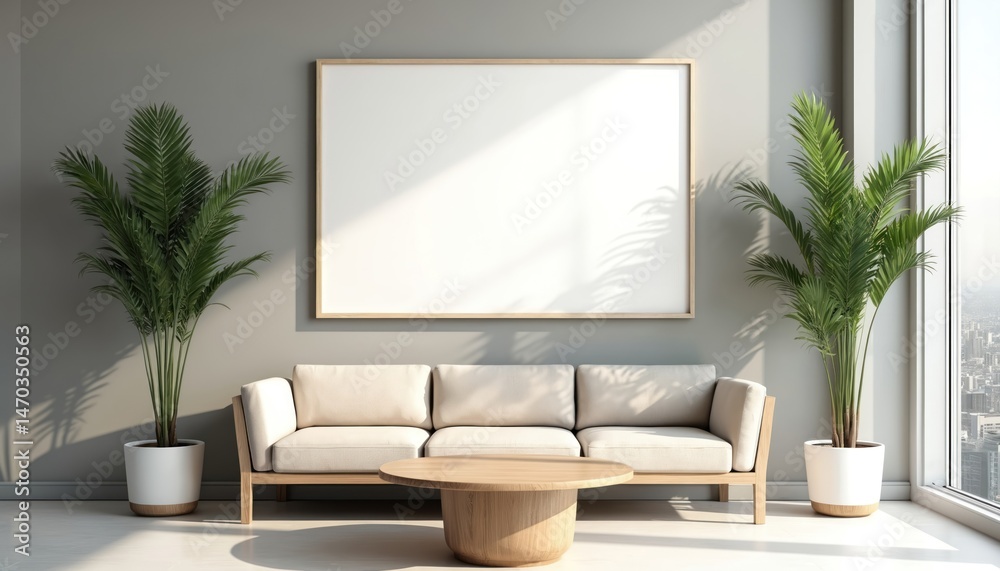 Poster empty picture frame mock-up in modern living room interior design. blank art canvas on grey wall abo
