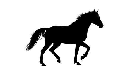A stunning black horse silhouette gallops across a pure white background in perfect motion.