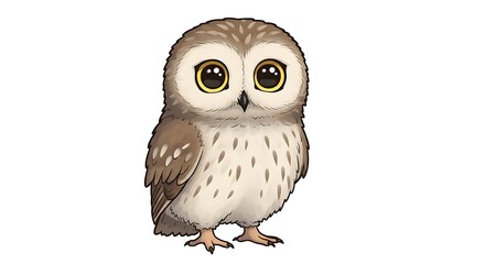 A beautifully illustrated baby owl with big eyes stands out on a clean, white background.