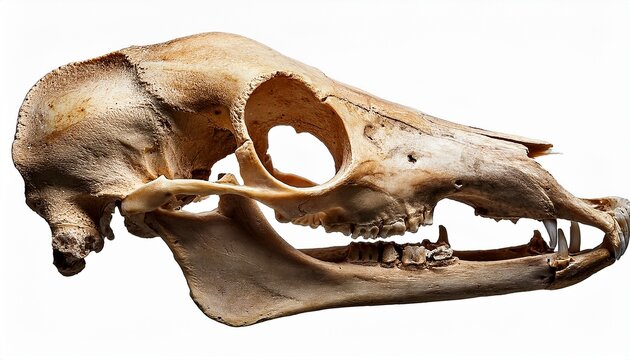 the skull of a wolf latin canis dirus is isolated on a white background paleontology late pleistocene fossil animals