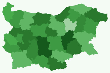 Map of Bulgaria with regions. Just a simple country border map with region division. Green color palette. Flat Republic of Bulgaria shape with administrative division. Vector illustration.