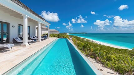 Fototapeta premium Luxurious oceanfront pool house with stunning coastal views.