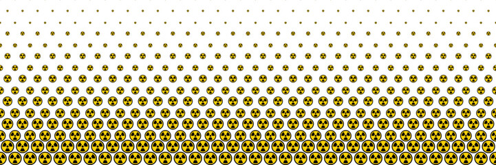 horizontal halftone of black and yellow radioactive sign on white for pattern and background.