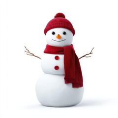 Fototapeta premium Cute snowman with red hat and scarf isolated on white background