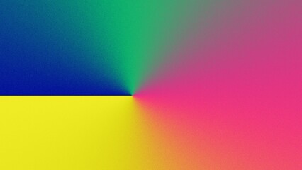 Abstract vibrant gradient artwork with blue, yellow, green, and pink hues radiating from a central point
