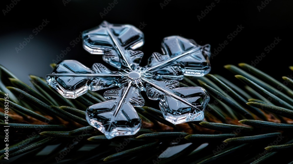 Poster a beautiful detailed snowflake resting upon a pine branch