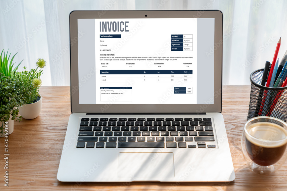 Poster invoice on computer screen from accounting application. computer program for financial and budget of
