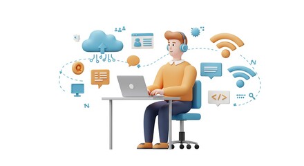 A person working on a laptop connected to a cloud network, surrounded by technology icons.