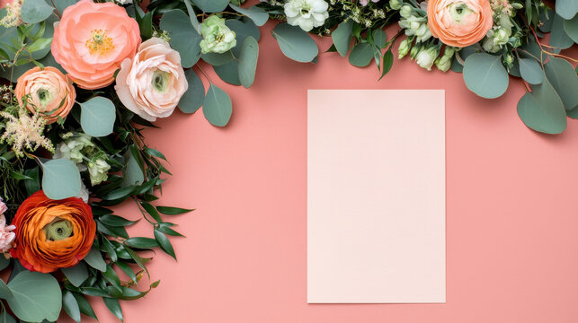 Event Program Schedule Concept, Elegant Wedding Itinerary Surrounded by Beautiful Spring Flowers on Soft Pink Background