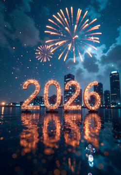 text="Happy New Year 2026" on a surreal cityscape background with fireworks exploding in mid-air and a digital clock striking midnight. Elegant modern sans-serif font, 72 pt, centered with tight spaci