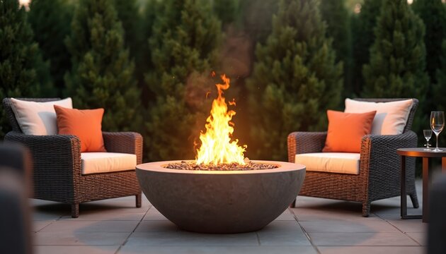 Bright fire pit on patio setting. Comfortable chairs and side table with glass of wine. Evening outdoor gathering, relaxation at home. Warm ambiance, cozy, relaxing, entertaining.