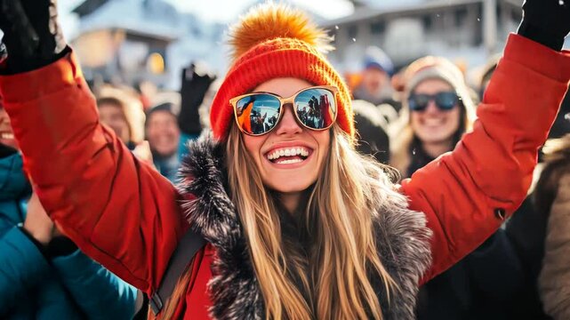Jubilant female lifting arms, sporting sunglasses and orange beanie, celebrating winter event amid energetic crowd