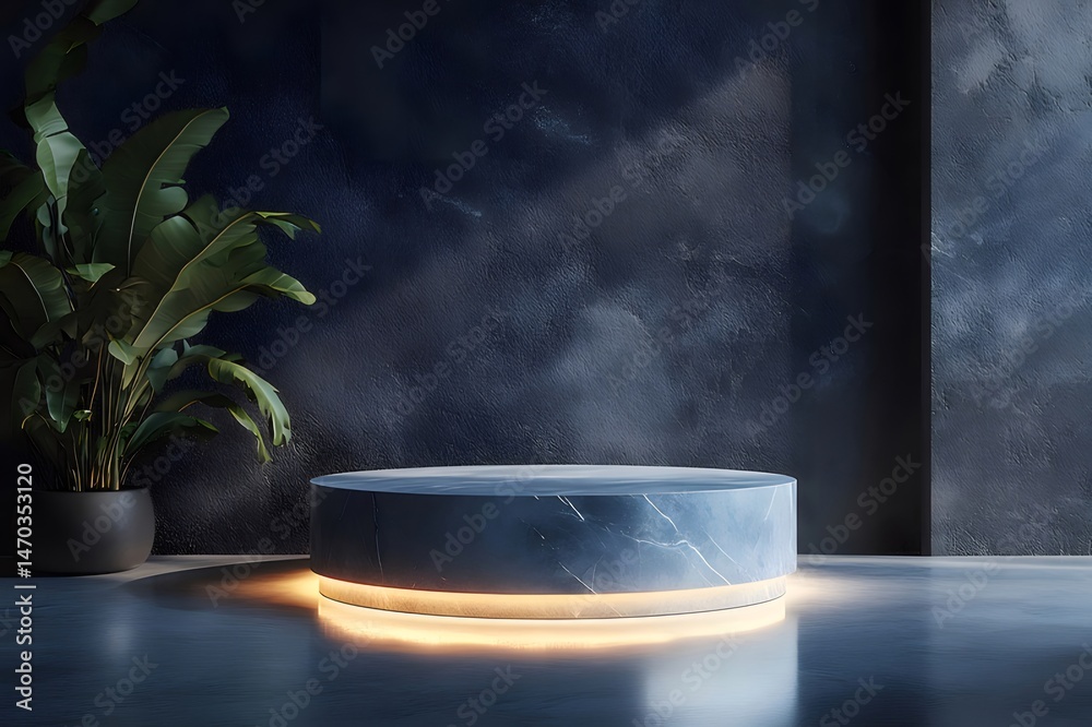 Aufkleber 丸い大理石の台座ステージと緑の植物 暗いコンクリートの背景にライトアップされたモダンな製品の展示