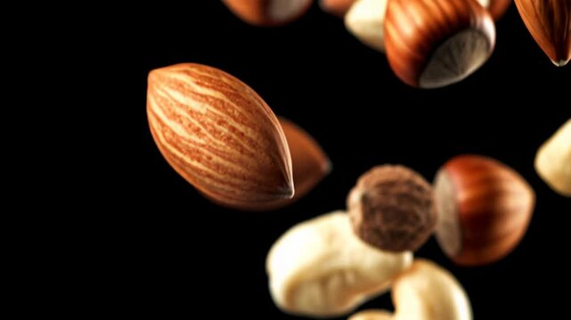 Various nuts falling in slow motion against a black background &mdash; a rich, dynamic close-up of almonds, hazelnuts, and more emphasizing texture, freshness, and movement.