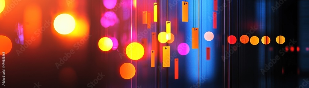 Poster Colorful abstract artwork featuring suspended rectangular and circular forms