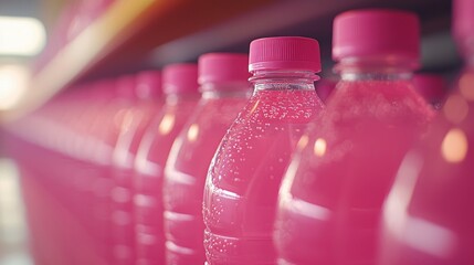 Pink beverages in plastic bottles are neatly arranged on a shelf, showing bubbles and condensation