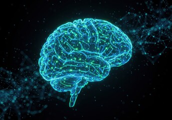 Fototapeta premium Glowing brain model representing intelligence and neural network, with dark background