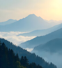 text="New Beginnings Every Morning" on a serene mist-covered mountain landscape background with a delicate, wispy fog creating depth and atmosphere. Elegant modern sans-serif font, 48 pt, perfectly ce