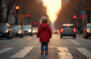 Child stands crosswalk city road on red traffic light. Red light traffic cars in background. Unsafe crossing concept for kids. Kid risks life without looking sides. Road safety child education.