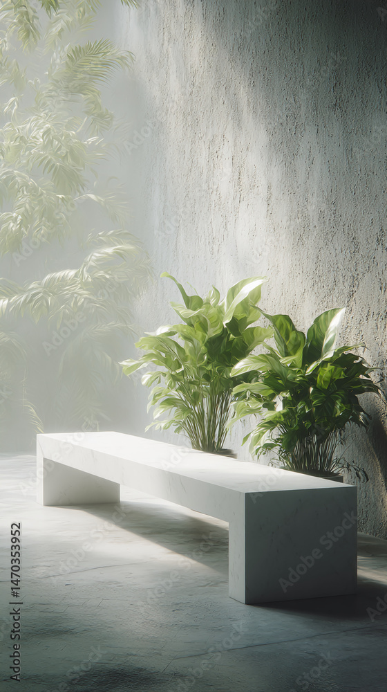 Aufkleber white marble bench in a minimalist room with green plants, sunlight streaming through, creating a se