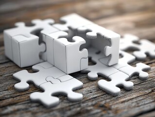 Fototapeta premium White jigsaw puzzle pieces forming cubes on a wooden surface, some pieces are scattered around. Incomplete structure suggests teamwork or problem-solving
