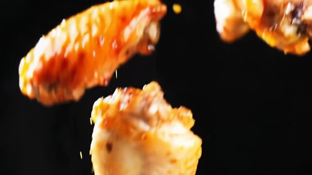 Juicy grilled chicken drumsticks soaring upward in slow motion &mdash; delicious meat explosion emphasizing flavor, motion, and dynamic food visuals.