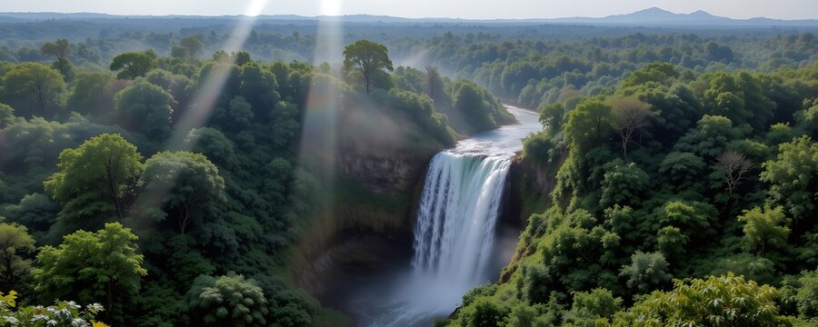 drone view above a tropical waterfall in a rainforest, mist and rainbows visible