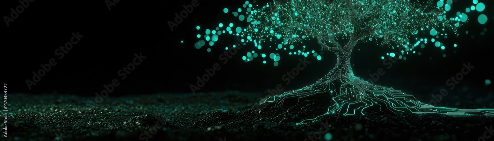 Poster An illuminated tree with digital circuits representing roots and branches