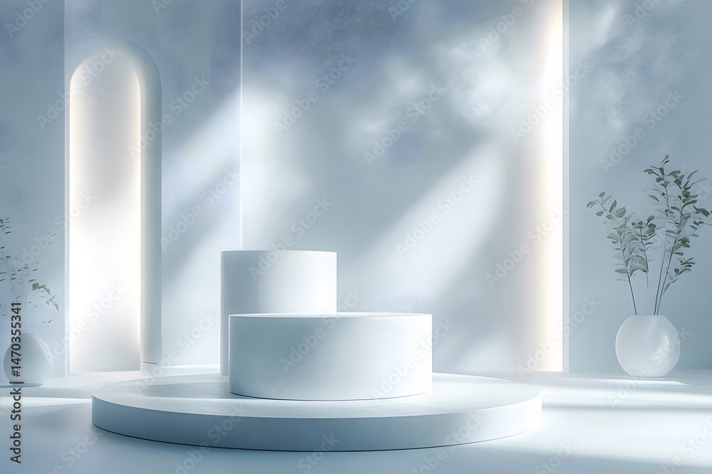 Aufkleber 白い円筒形プラットフォームのあるミニマリストスタジオインテリア 展示用3dレンダリングシーン 背景壁紙と幾何学的デザイン