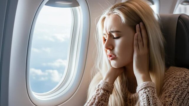 earache on the plane. Beautiful young blonde woman feels ear pain while full on an airplane, suffers from depressurization