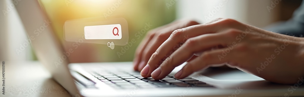 Poster hands typing on laptop keyboard with search bar icon. person searches web information. internet, dat