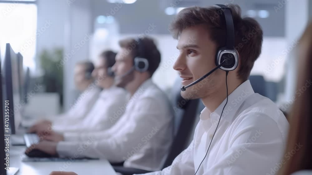 Poster A smiling man wearing a headset and sitting at a computer terminal. There are other people working at computer terminals in the background. It's a light and professional looking office environment.