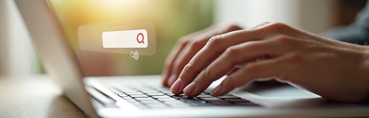 Hands typing on laptop keyboard with search bar icon. Person searches web information. Internet, data analysis, business technology, information, cyber world, online working. Search engine.