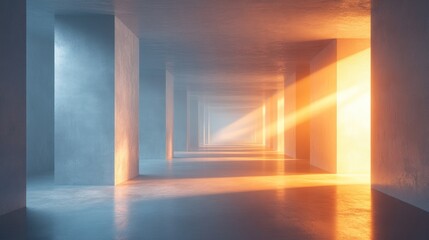 Empty sunlit concrete hallway