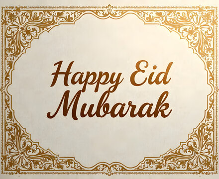 text="Happy Eid Mubarak" on a background of intricately crafted handmade paper with intricate floral patterns and delicate gold filigree. 
