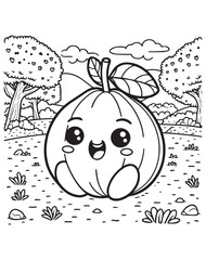 Coloring book guava sitting in a scenic landscape with trees and hills.