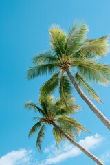 Obraz premium Two palm trees are standing tall in the blue sky. The palm trees are green and have leaves that are spread out. The sky is clear and bright, making the scene look peaceful and serene