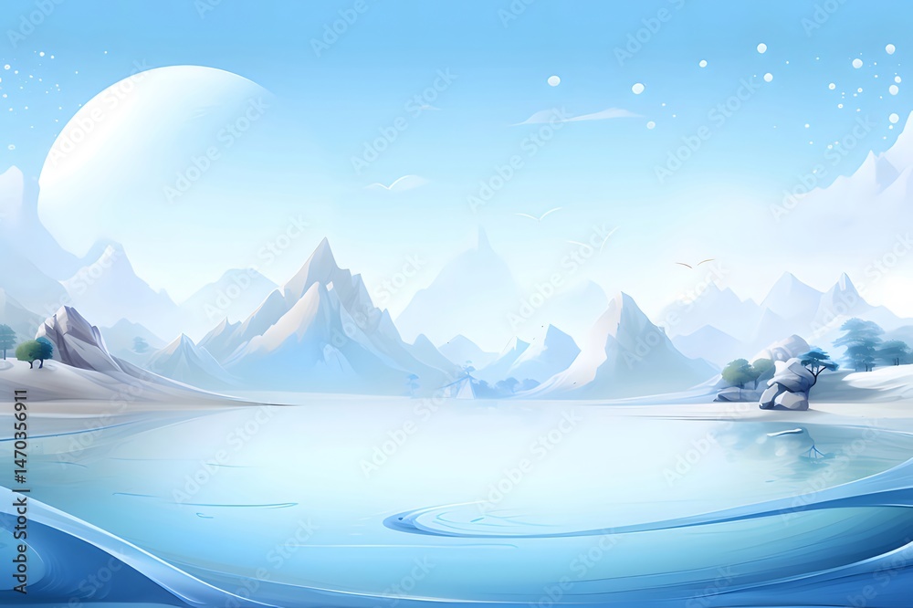 Aufkleber 雪山と穏やかな湖の冬の風景 青と白のピクセルアート 山脈が背景に広がる静かで美しい雪景色