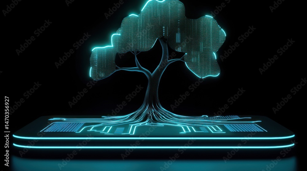 Poster a glowing digital tree growing on a platform in darkness