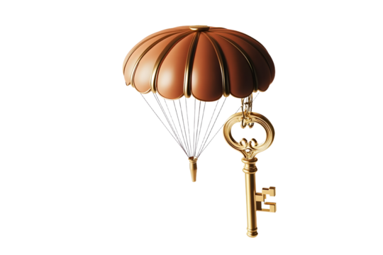 A golden key with a parachute on a white background. Space for text.