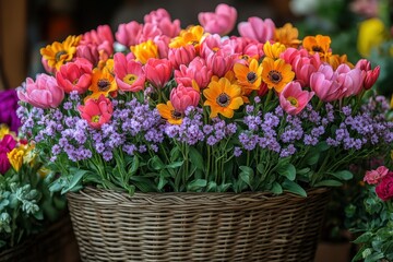 Vibrant Spring Flowers in a Decorative Basket Showcase Natures Beauty and Freshness Throughout the Blooming Season in a Warm, Inviting Setting