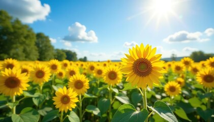 Fototapeta premium Vast field of vibrant sunflowers blooming under a bright summer sky , beauty, texture