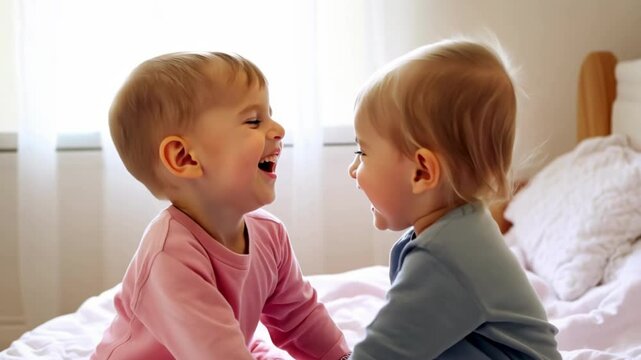 Adorable twin toddlers interacting playfully on bed. They move from curious facing each other to sharing laughter and joy, their expressions changing from interest to uncontrollable giggles.